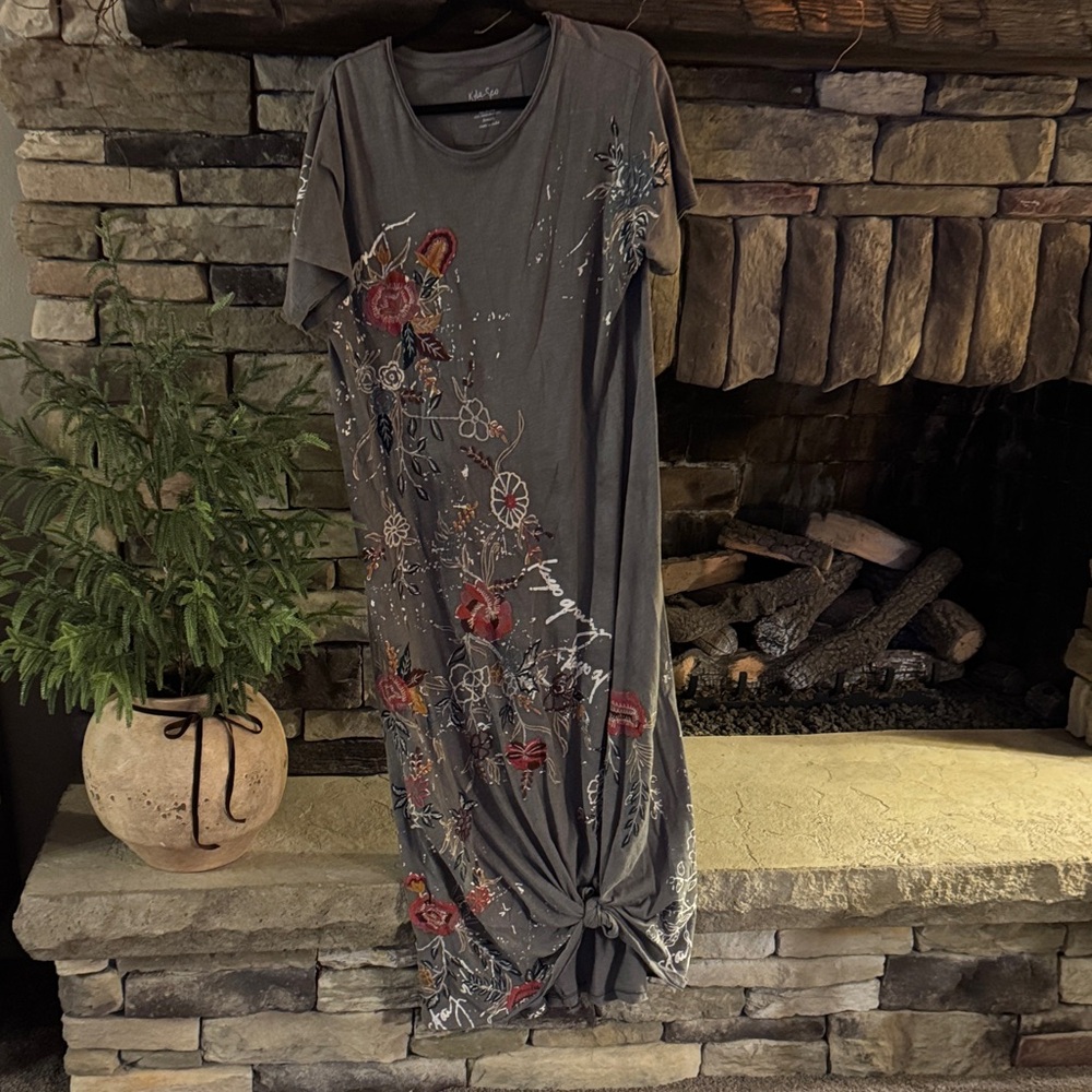 Elegant Charcoal Maxi Dress with Red and White Embroidery